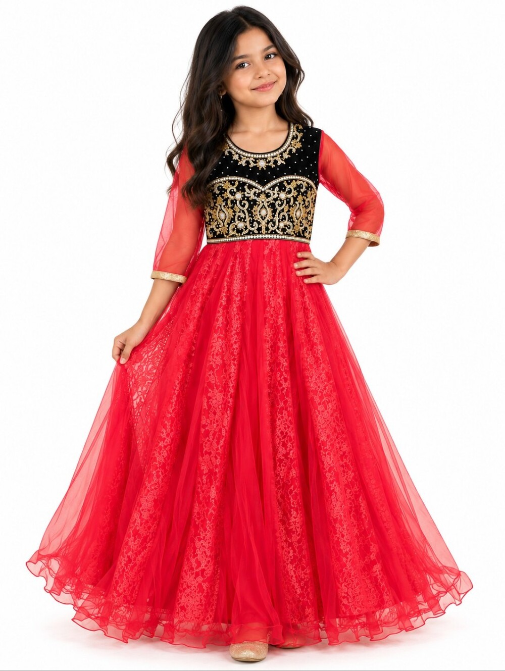 South Asian Red Black Gold Formal Anarkali Gown Size 28/70